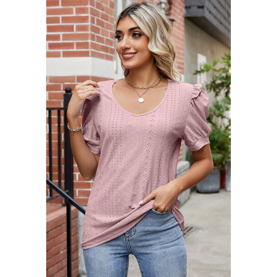 Eyelet Ruffled Round Neck T - Shirt Apparel and Accessories