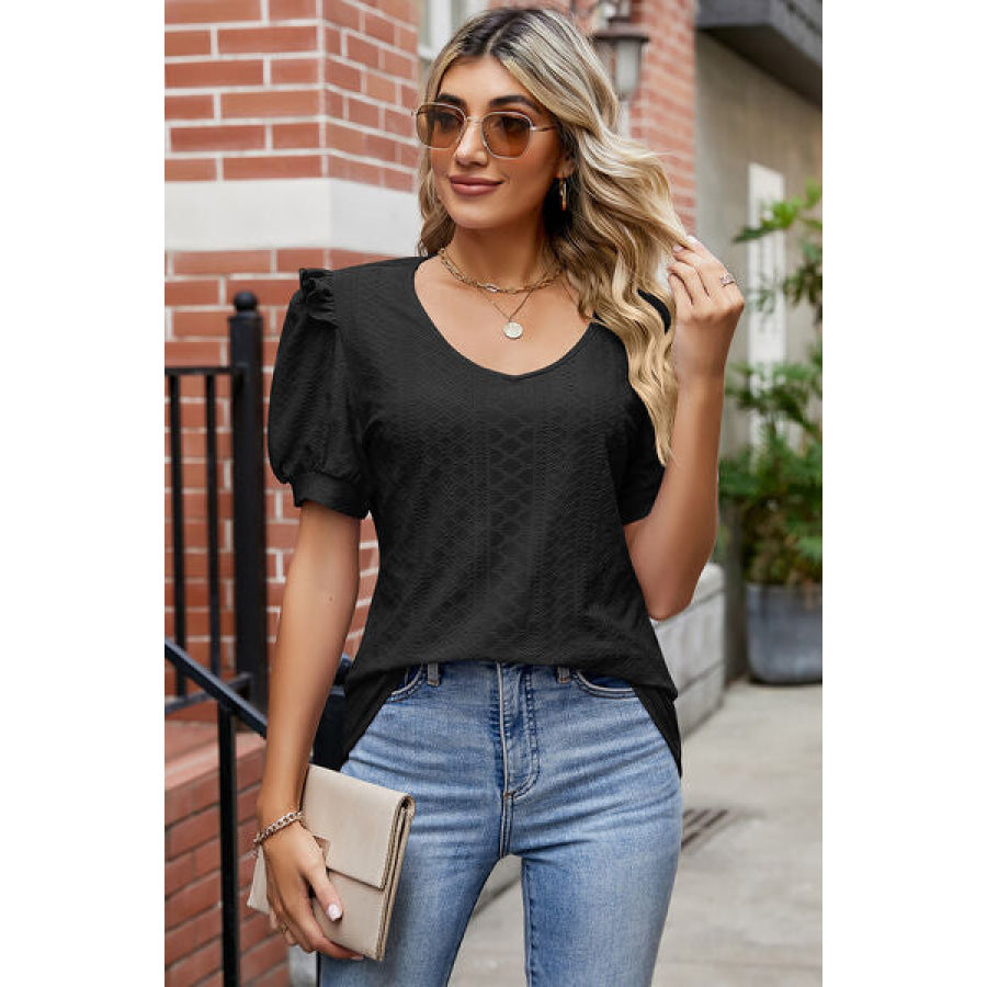 Eyelet Ruffled Round Neck T - Shirt Apparel and Accessories