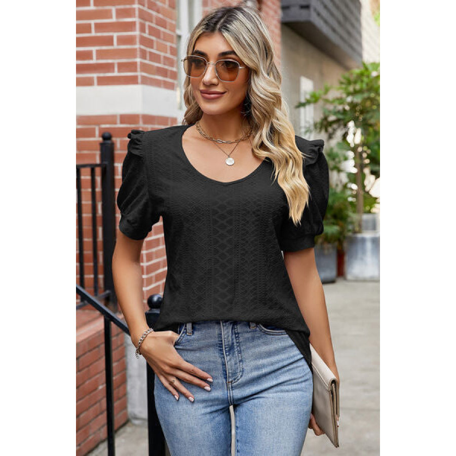 Eyelet Ruffled Round Neck T - Shirt Black / S Apparel and Accessories