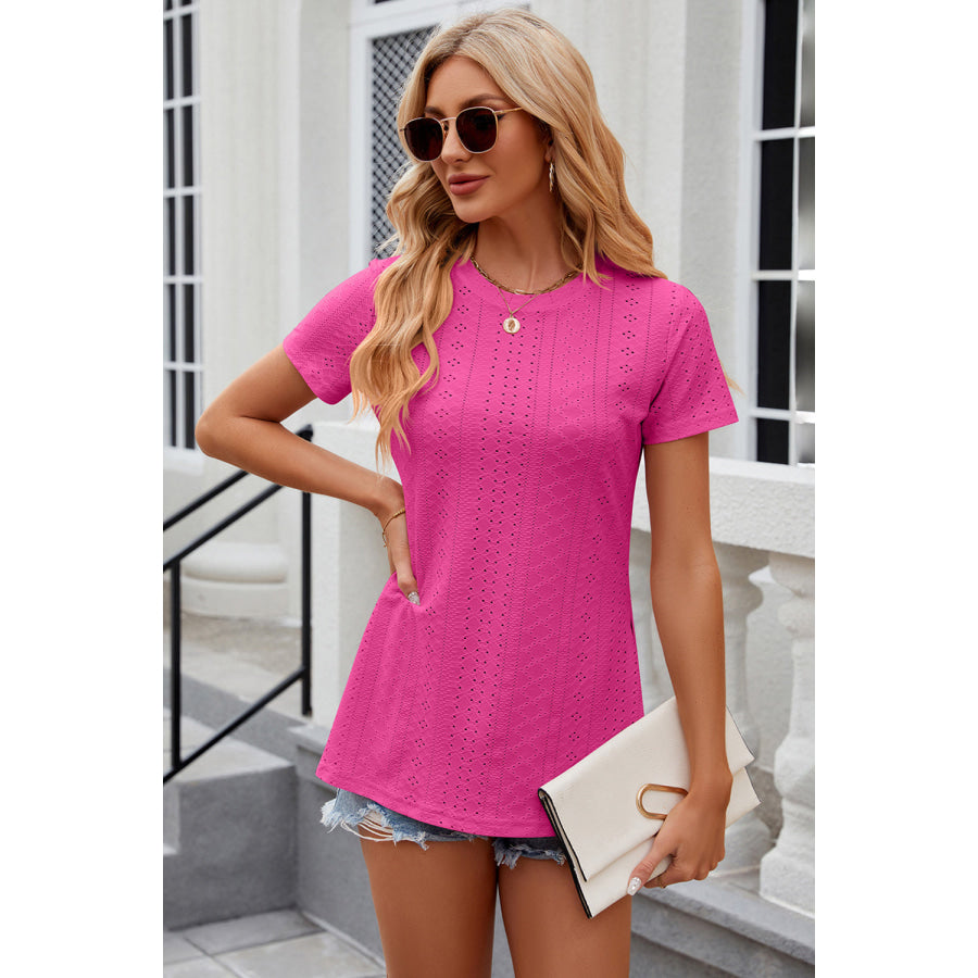 Eyelet Slit Round Neck Short Sleeve T - Shirt Apparel and Accessories
