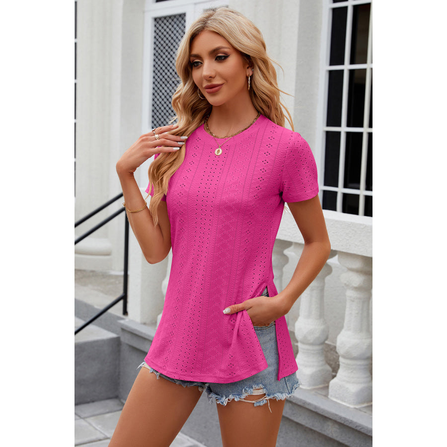 Eyelet Slit Round Neck Short Sleeve T - Shirt Hot Pink / S Apparel and Accessories
