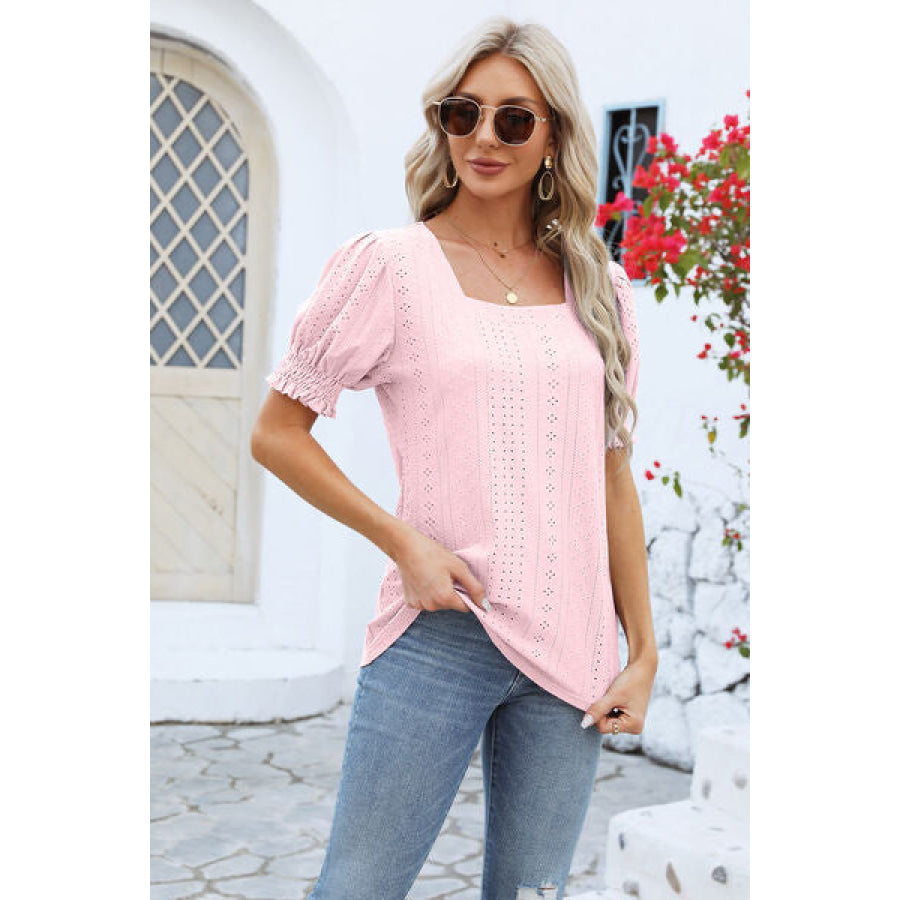 Eyelet Square Neck Short Sleeve T-Shirt Apparel and Accessories