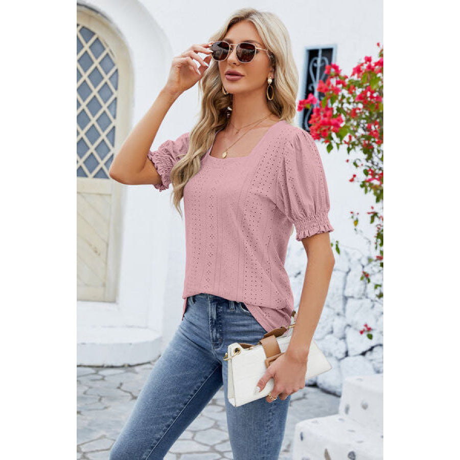Eyelet Square Neck Short Sleeve T-Shirt Apparel and Accessories