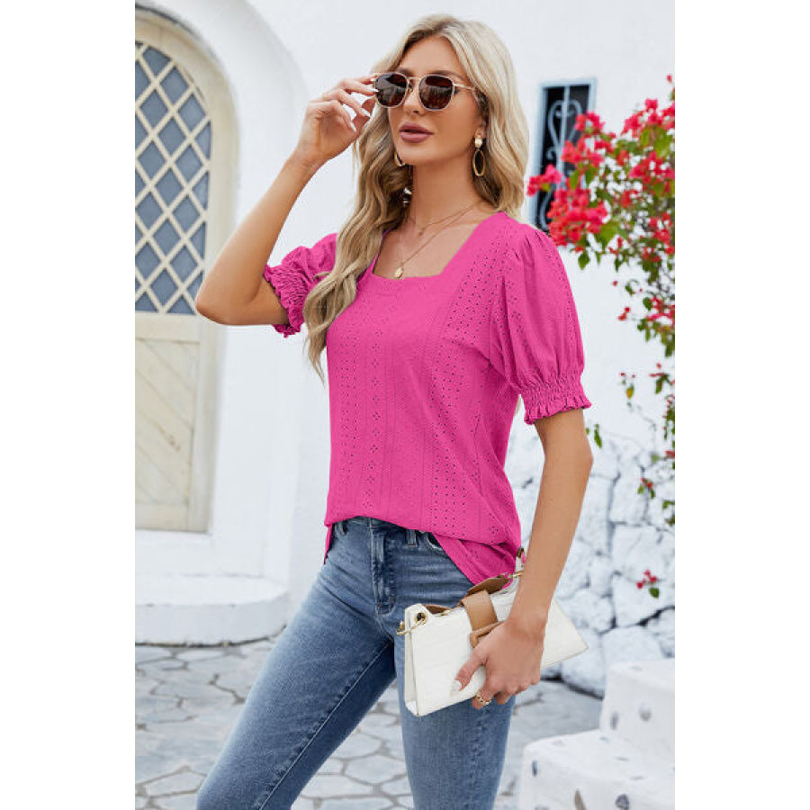 Eyelet Square Neck Short Sleeve T-Shirt Apparel and Accessories