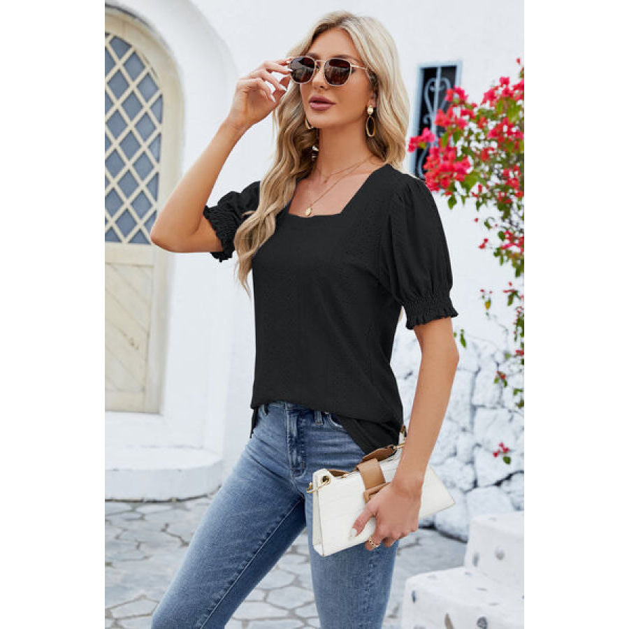 Eyelet Square Neck Short Sleeve T-Shirt Apparel and Accessories