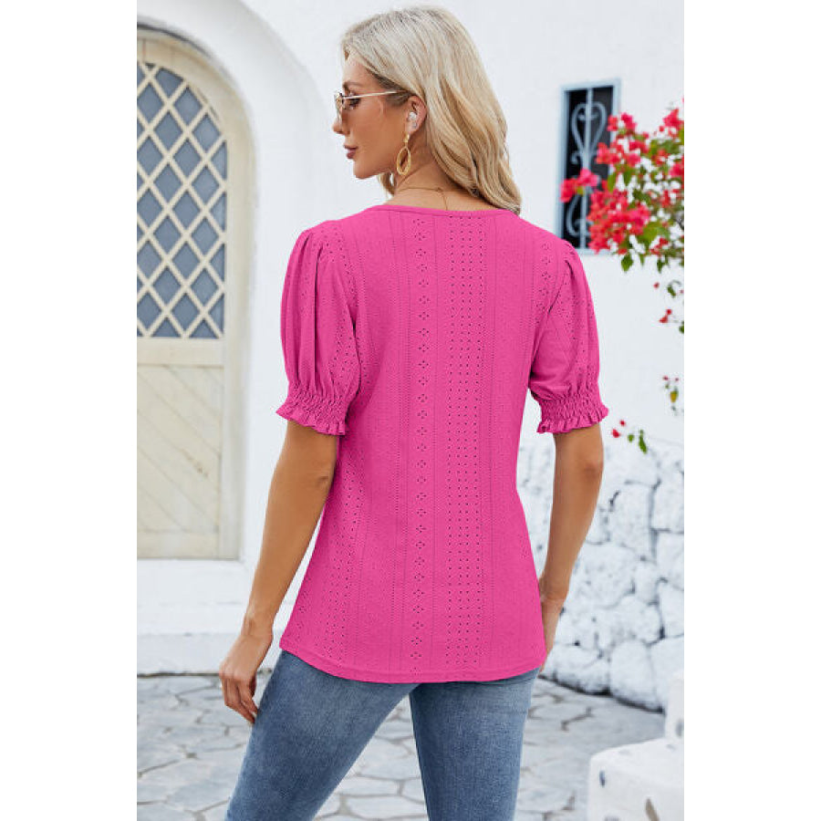 Eyelet Square Neck Short Sleeve T-Shirt Apparel and Accessories