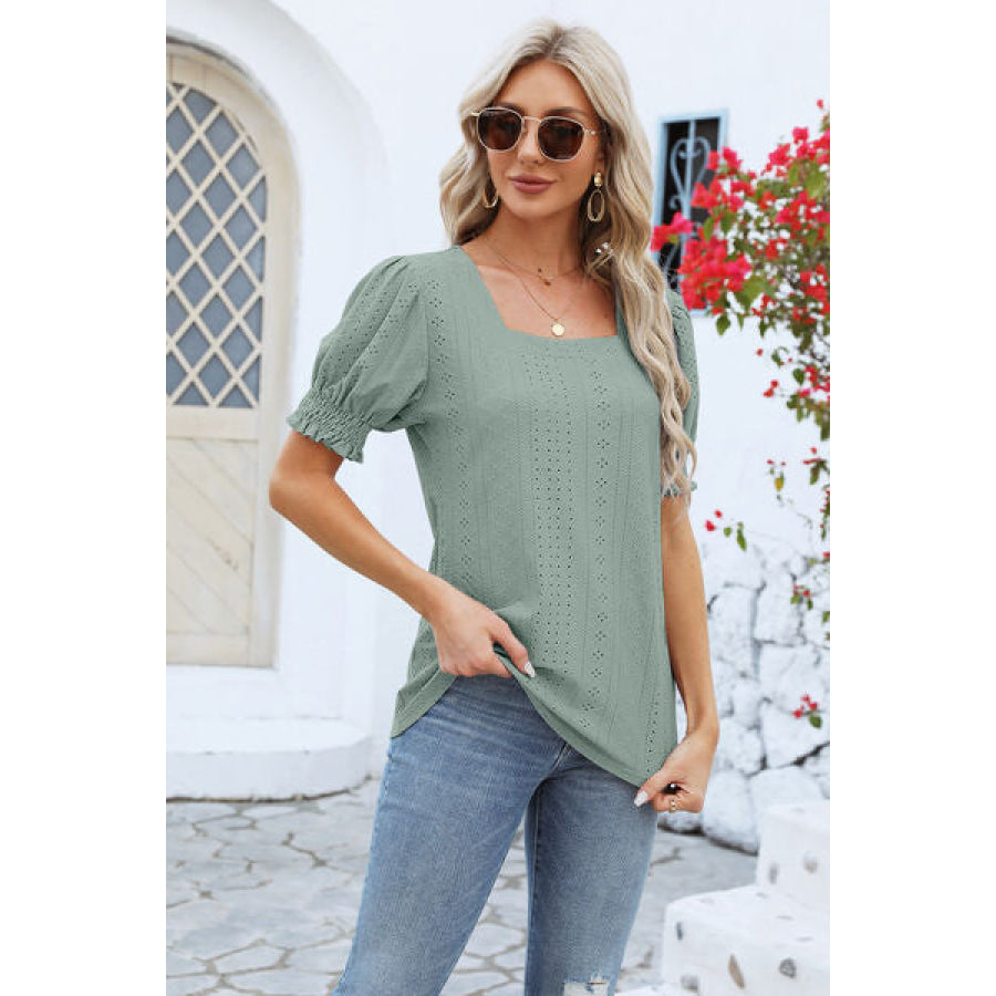 Eyelet Square Neck Short Sleeve T-Shirt Apparel and Accessories