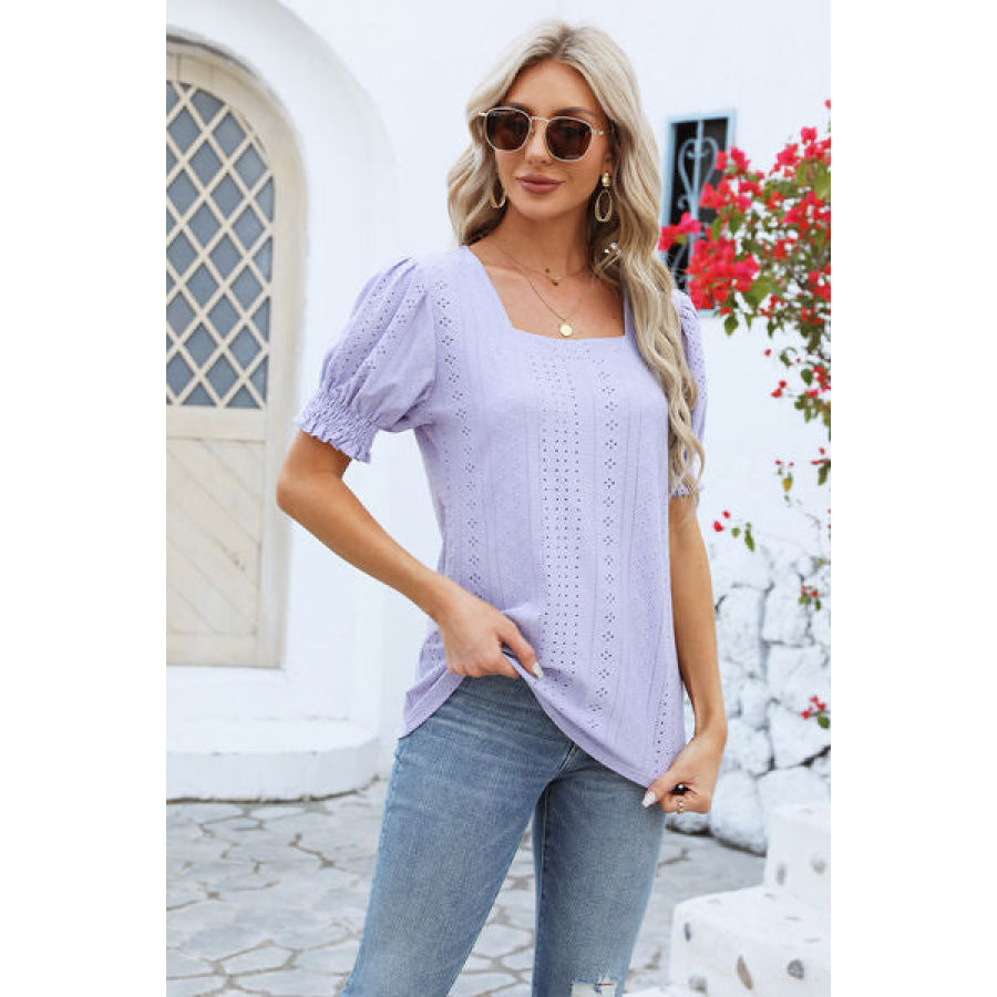 Eyelet Square Neck Short Sleeve T-Shirt Apparel and Accessories
