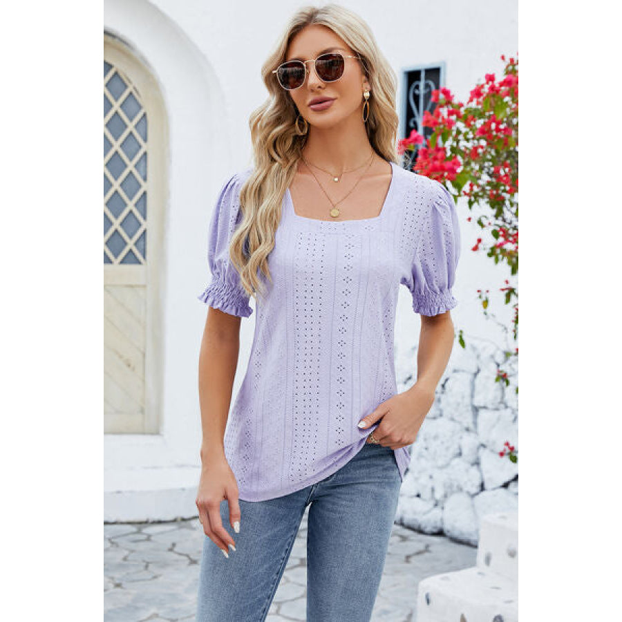 Eyelet Square Neck Short Sleeve T-Shirt Apparel and Accessories
