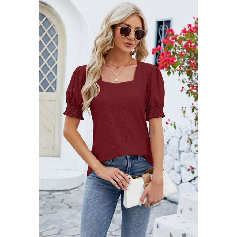 Eyelet Square Neck Short Sleeve T-Shirt Apparel and Accessories