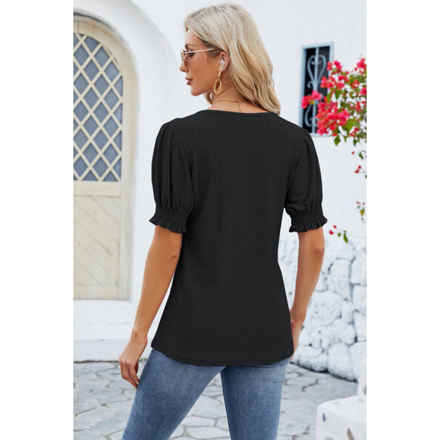 Eyelet Square Neck Short Sleeve T-Shirt Apparel and Accessories