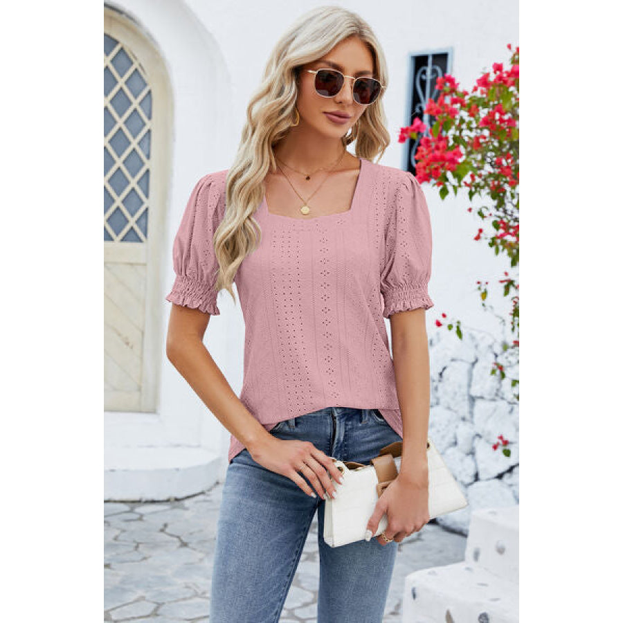 Eyelet Square Neck Short Sleeve T-Shirt Apparel and Accessories