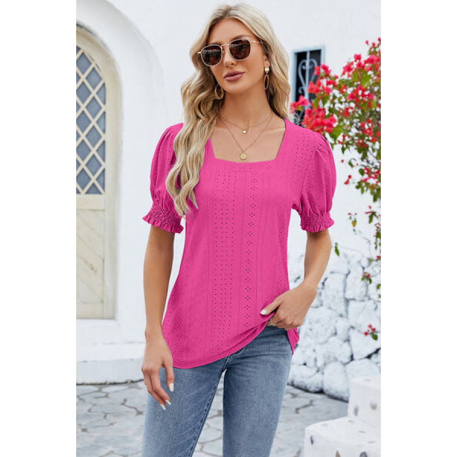Eyelet Square Neck Short Sleeve T-Shirt Apparel and Accessories