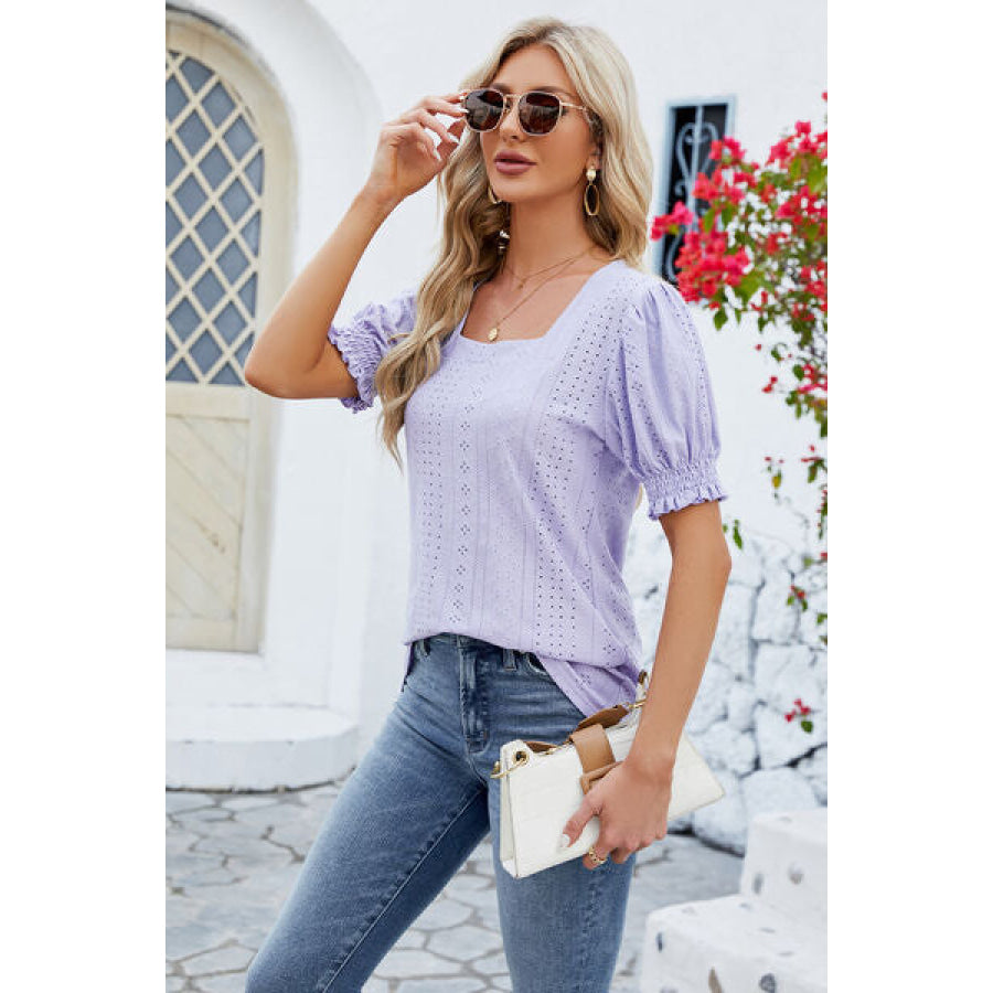 Eyelet Square Neck Short Sleeve T-Shirt Apparel and Accessories