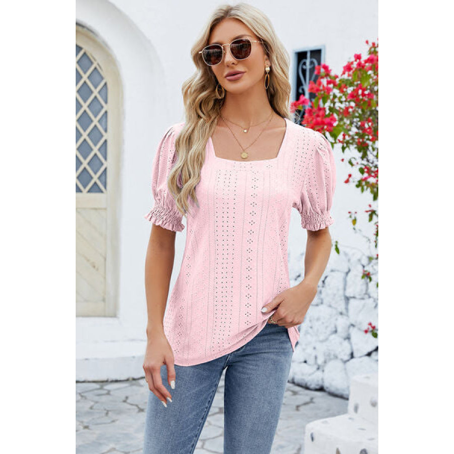 Eyelet Square Neck Short Sleeve T-Shirt Blush Pink / S Apparel and Accessories