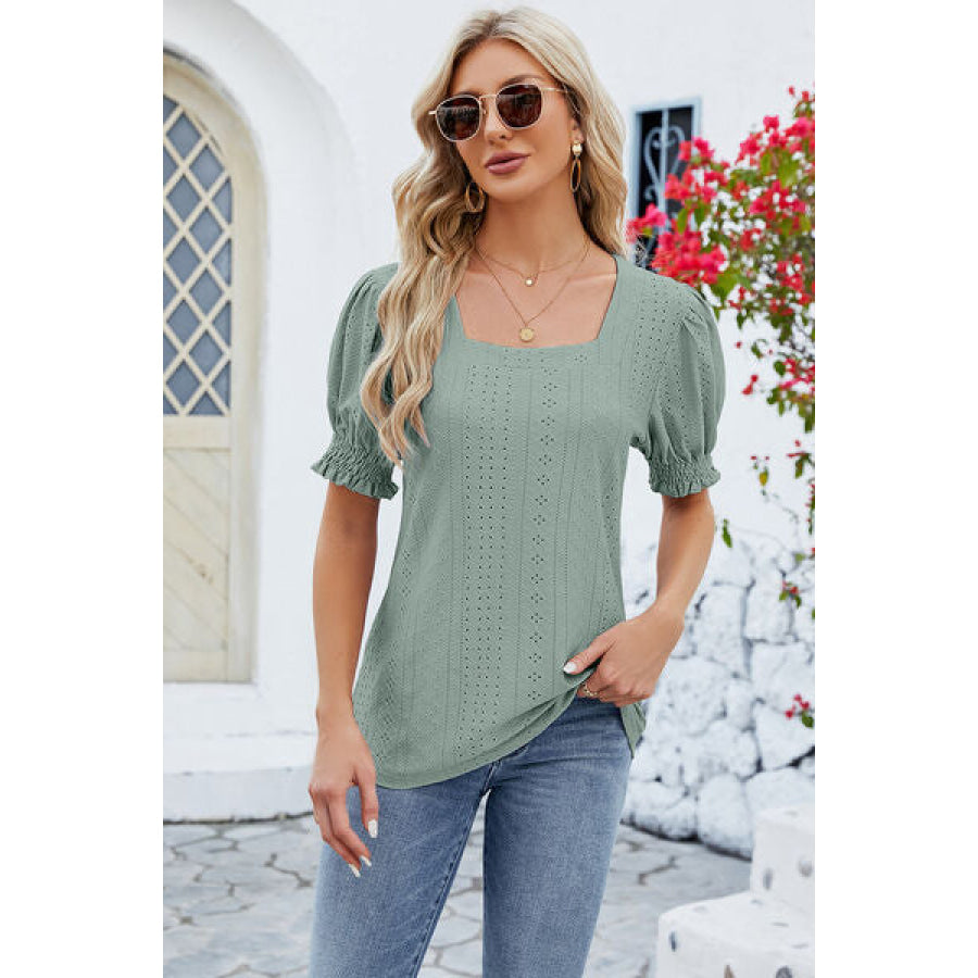 Eyelet Square Neck Short Sleeve T-Shirt Gum Leaf / S Apparel and Accessories