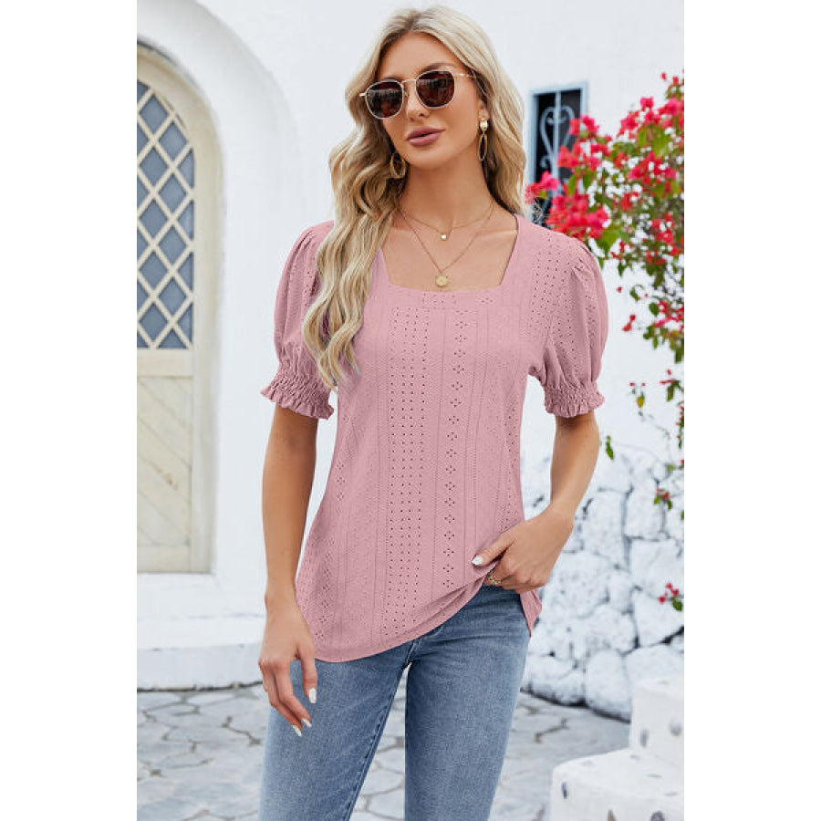 Eyelet Square Neck Short Sleeve T-Shirt Moonlit Mauve / S Apparel and Accessories