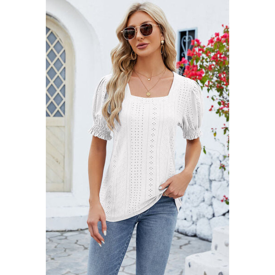 Eyelet Square Neck Short Sleeve T-Shirt White / S Apparel and Accessories