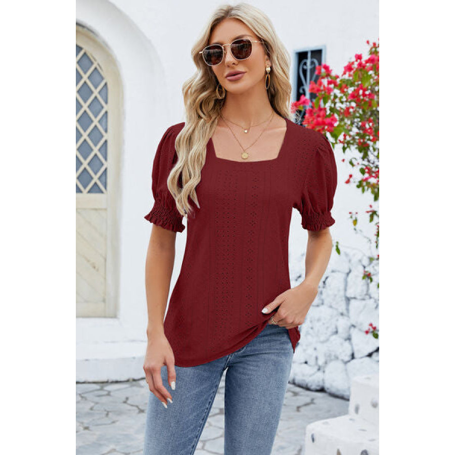 Eyelet Square Neck Short Sleeve T-Shirt Wine / S Apparel and Accessories