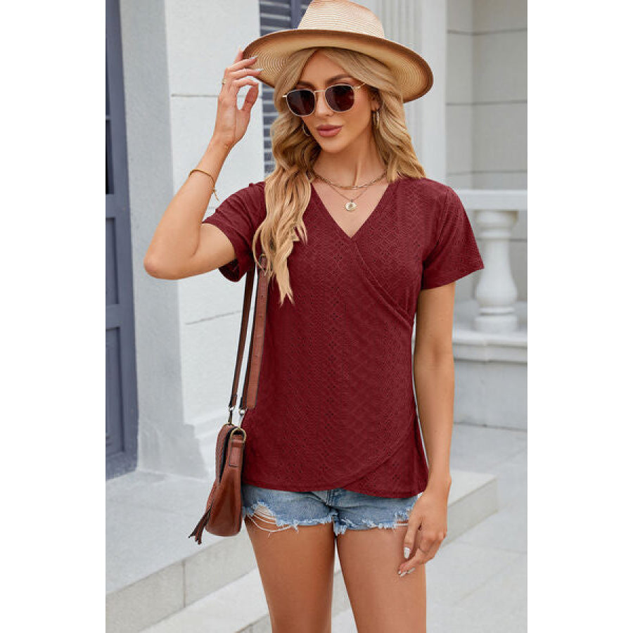 Eyelet Surplice Short Sleeve T - Shirt Apparel and Accessories