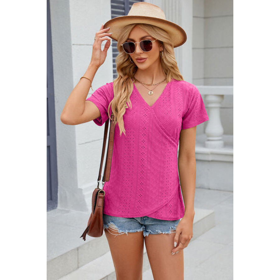 Eyelet Surplice Short Sleeve T - Shirt Apparel and Accessories