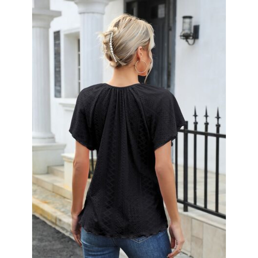 Eyelet Tie Neck Flutter Sleeve Blouse Clothing