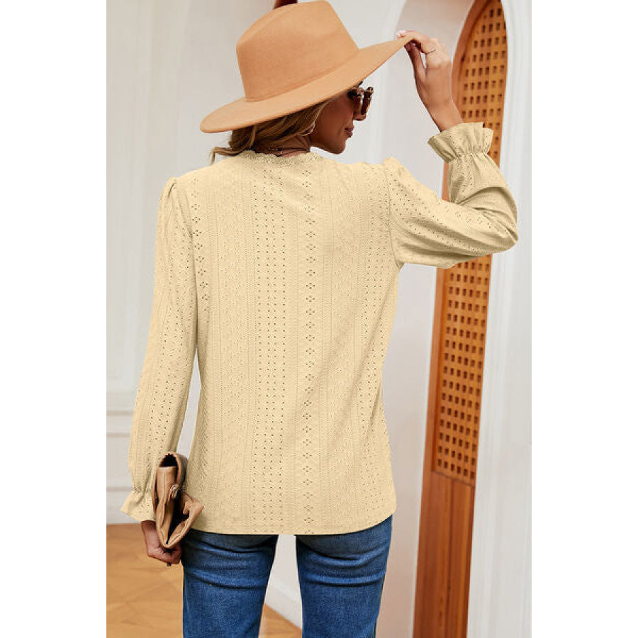 Eyelet V - Neck Flounce Sleeve T - Shirt Apparel and Accessories