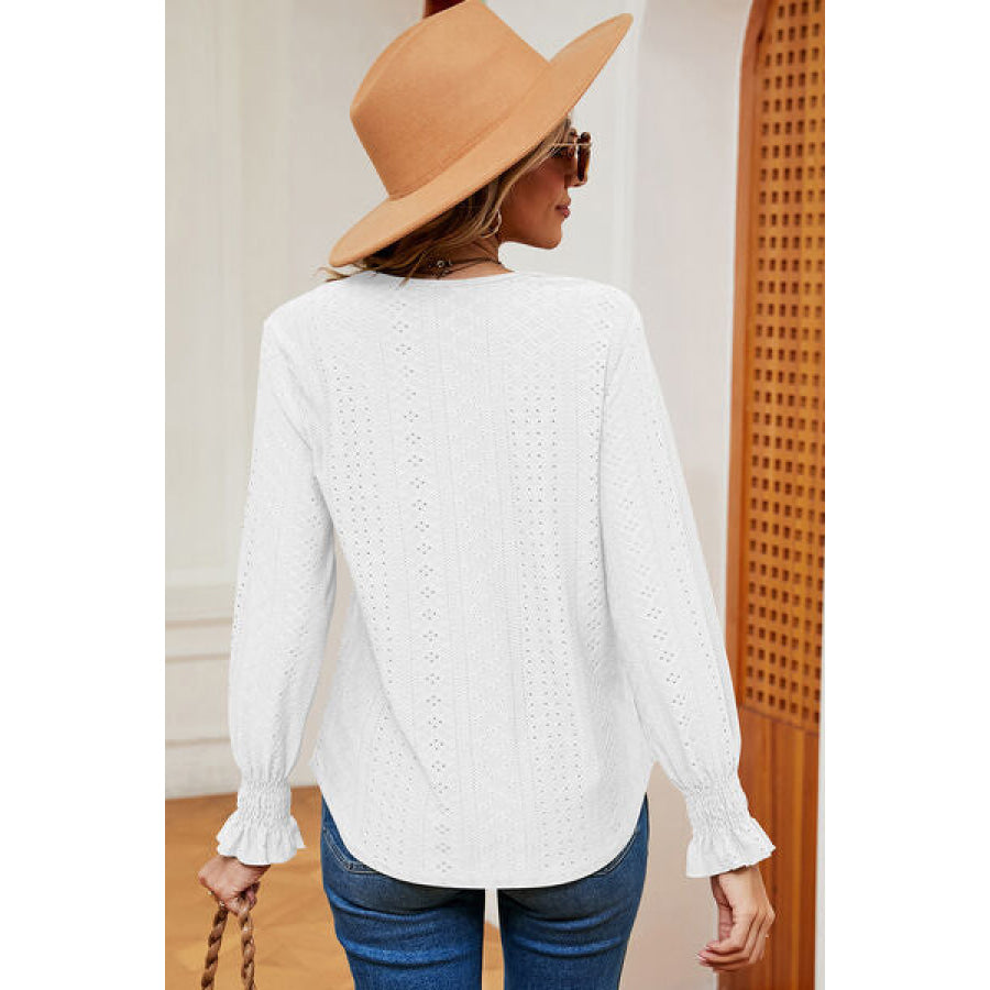 Eyelet V - Neck Flounce Sleeve T - Shirt Apparel and Accessories