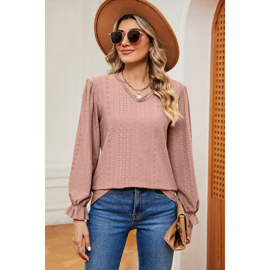 Eyelet V - Neck Flounce Sleeve T - Shirt Apparel and Accessories