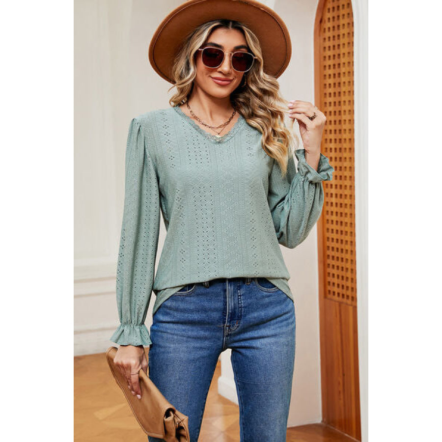 Eyelet V - Neck Flounce Sleeve T - Shirt Apparel and Accessories