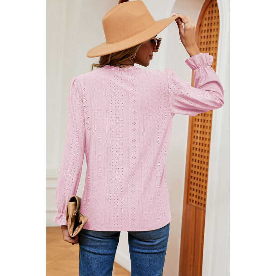 Eyelet V - Neck Flounce Sleeve T - Shirt Apparel and Accessories