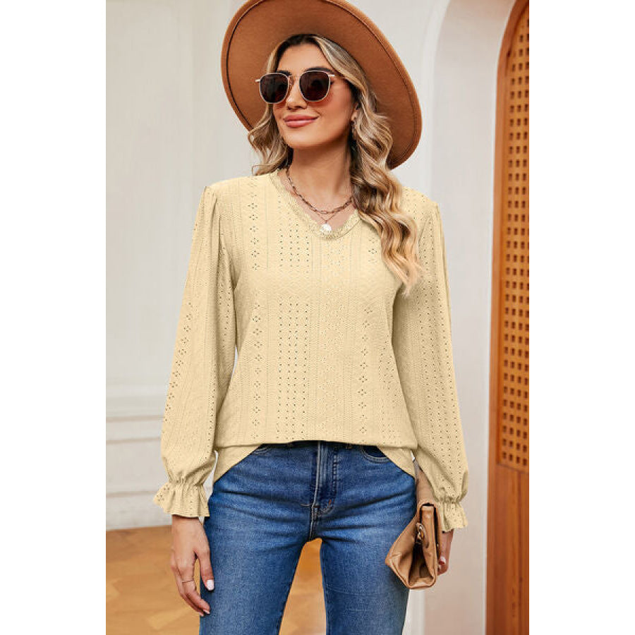 Eyelet V - Neck Flounce Sleeve T - Shirt Apparel and Accessories