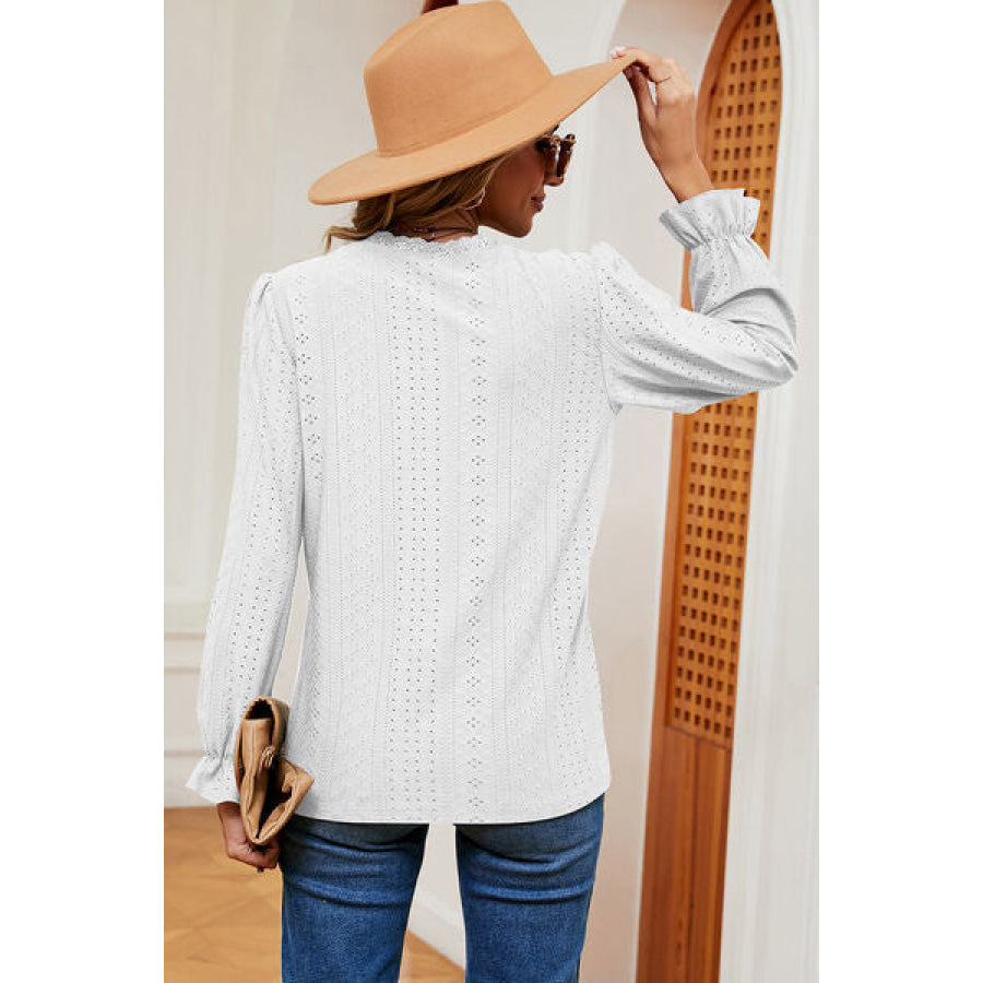 Eyelet V - Neck Flounce Sleeve T - Shirt Apparel and Accessories