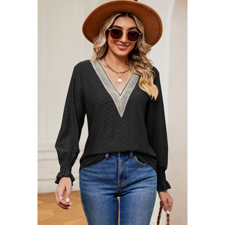 Eyelet V - Neck Flounce Sleeve T - Shirt Apparel and Accessories