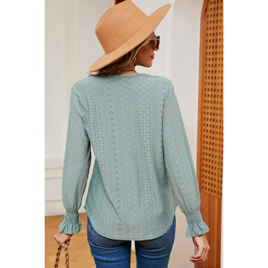 Eyelet V - Neck Flounce Sleeve T - Shirt Apparel and Accessories