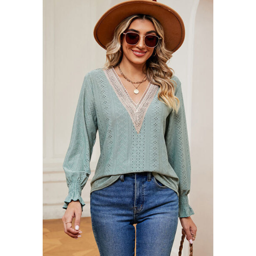 Eyelet V - Neck Flounce Sleeve T - Shirt Apparel and Accessories