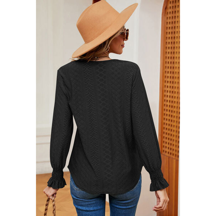 Eyelet V - Neck Flounce Sleeve T - Shirt Apparel and Accessories
