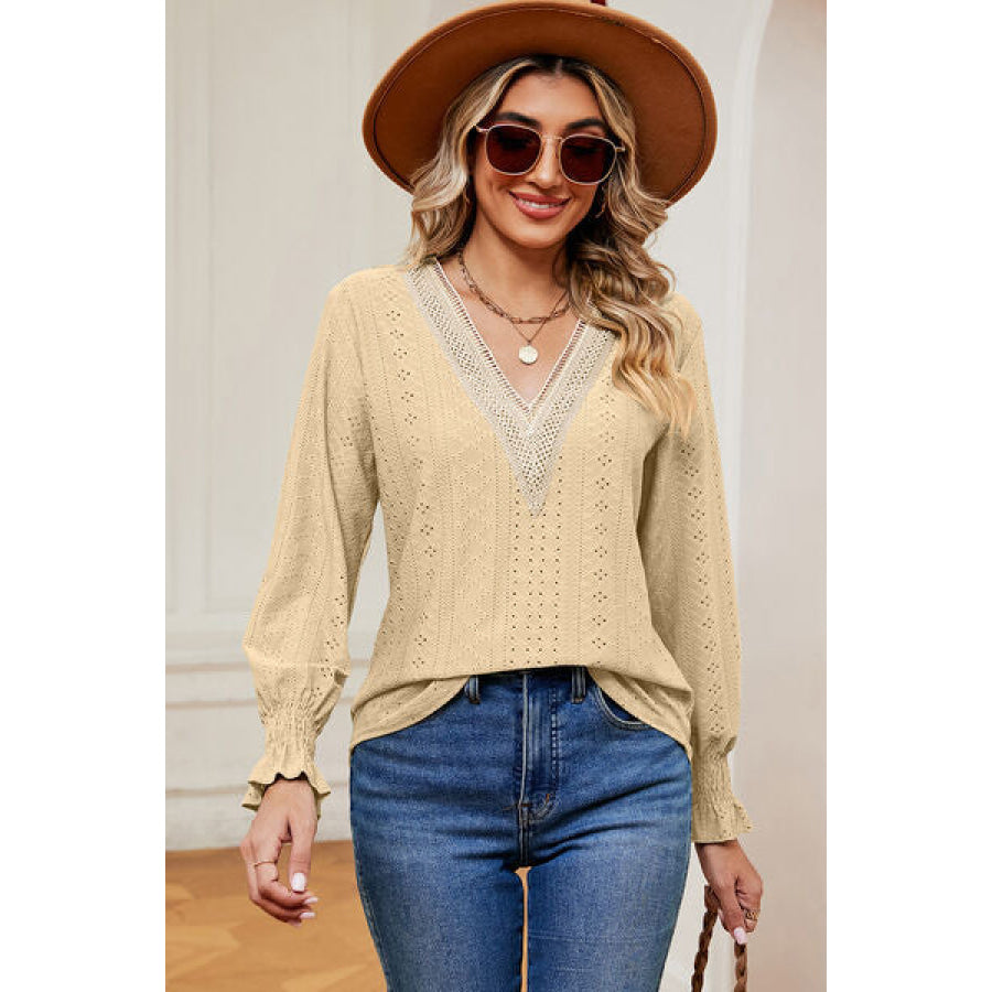 Eyelet V - Neck Flounce Sleeve T - Shirt Apparel and Accessories
