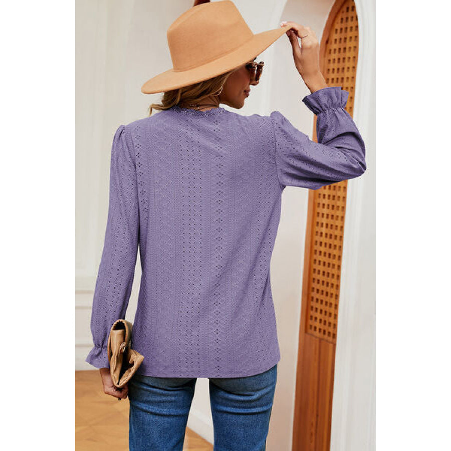 Eyelet V - Neck Flounce Sleeve T - Shirt Apparel and Accessories