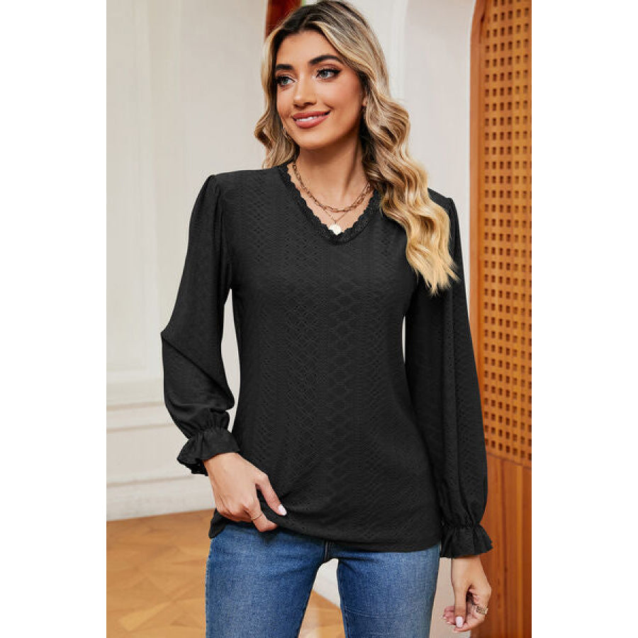 Eyelet V - Neck Flounce Sleeve T - Shirt Black / S Apparel and Accessories