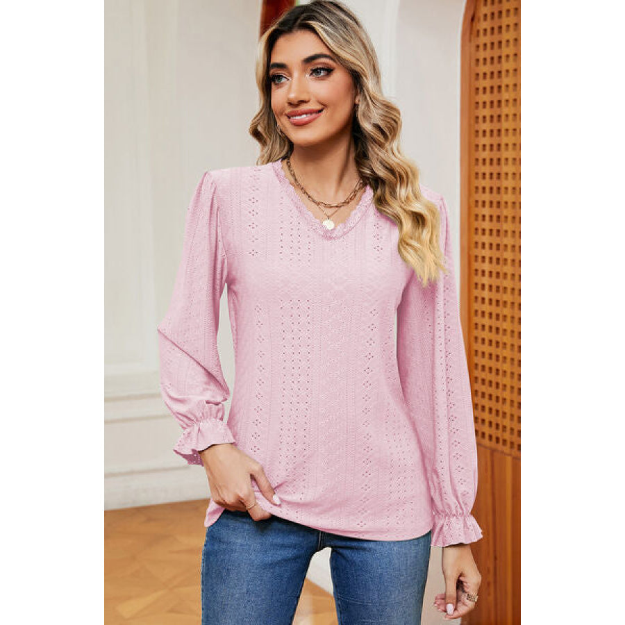 Eyelet V - Neck Flounce Sleeve T - Shirt Blush Pink / S Apparel and Accessories