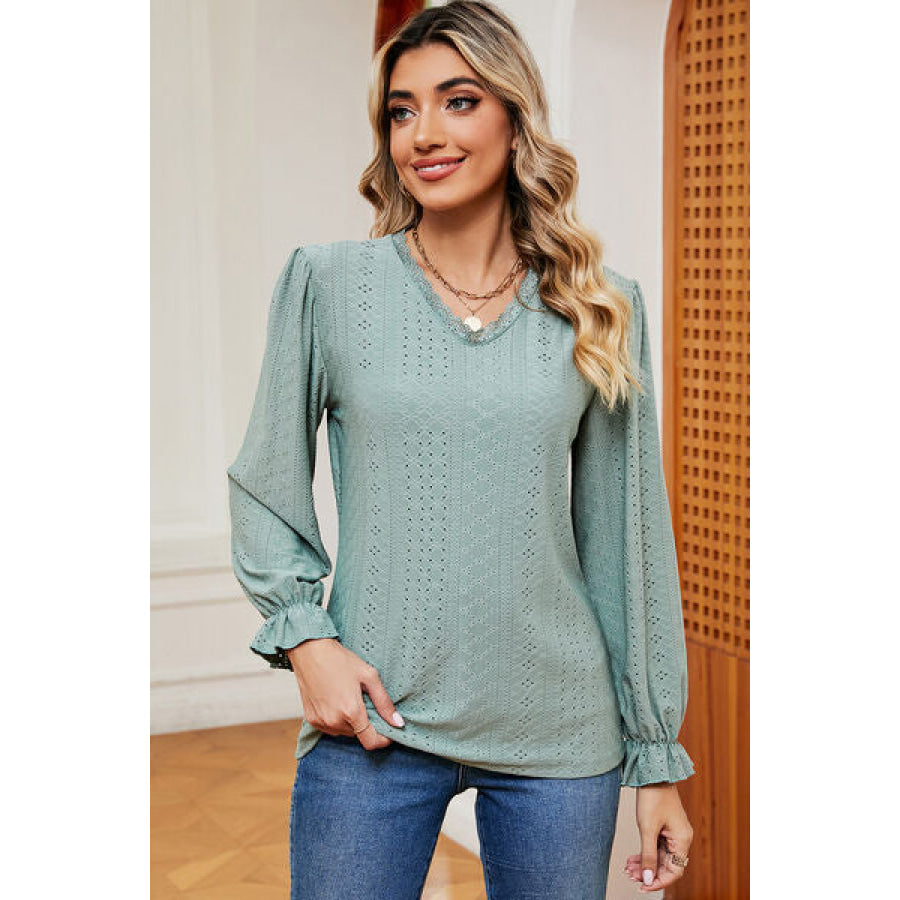 Eyelet V - Neck Flounce Sleeve T - Shirt Gum Leaf / S Apparel and Accessories