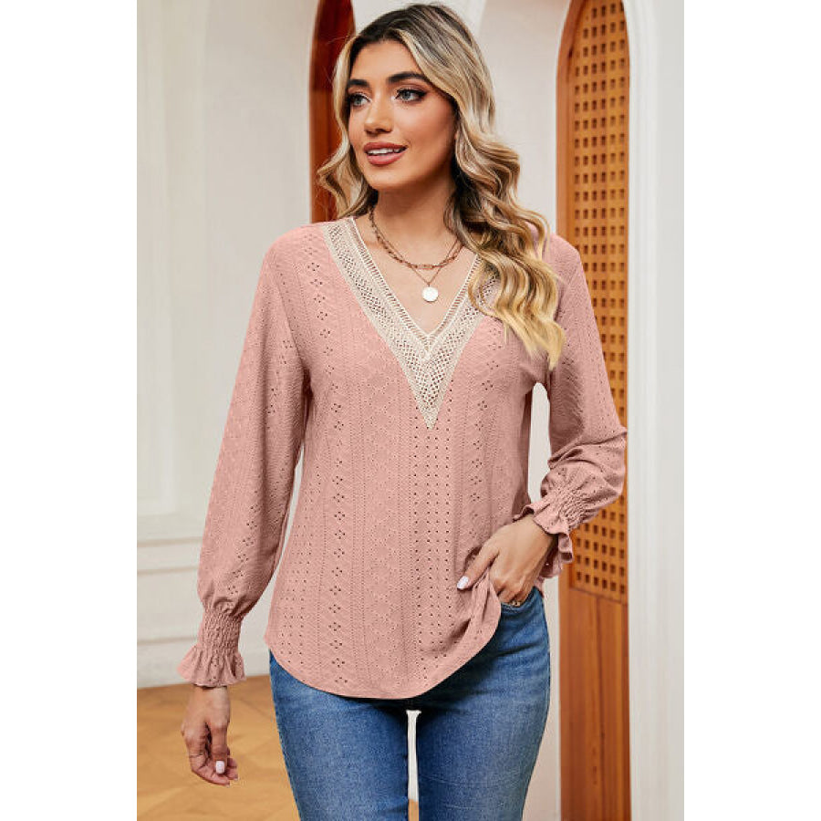 Eyelet V - Neck Flounce Sleeve T - Shirt Pale Blush / S Apparel and Accessories