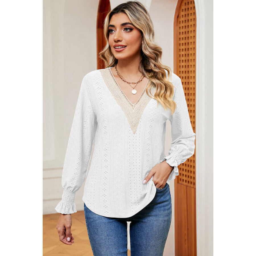 Eyelet V - Neck Flounce Sleeve T - Shirt White / S Apparel and Accessories