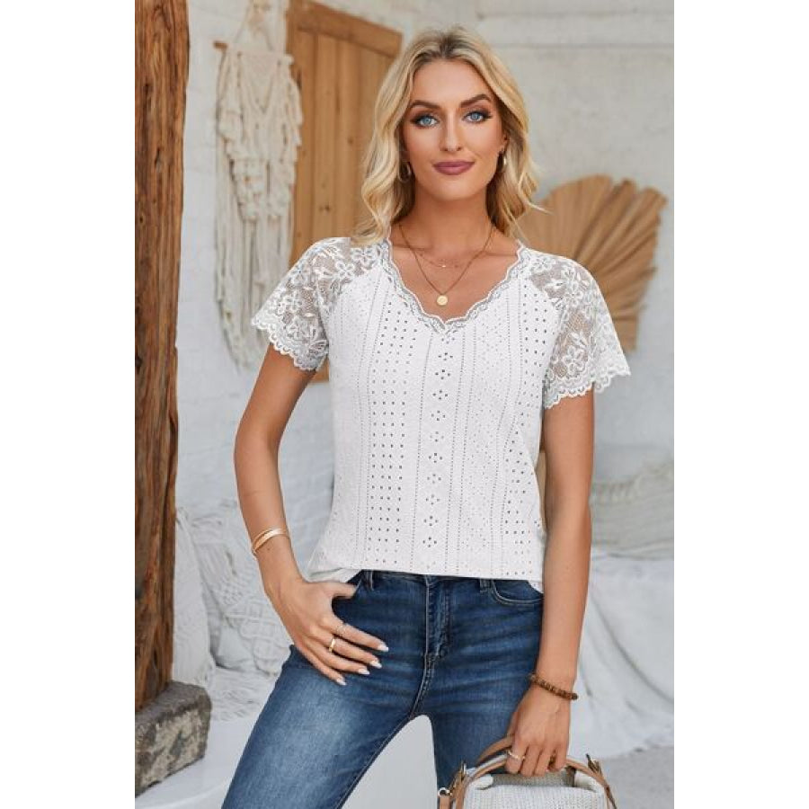 Eyelet V - Neck Lace Short Sleeve T - Shirt Apparel and Accessories