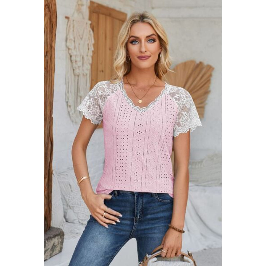 Eyelet V - Neck Lace Short Sleeve T - Shirt Apparel and Accessories