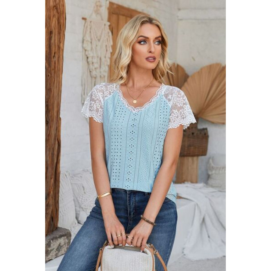 Eyelet V - Neck Lace Short Sleeve T - Shirt Apparel and Accessories