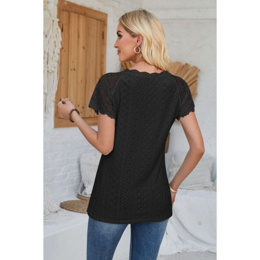 Eyelet V - Neck Lace Short Sleeve T - Shirt Apparel and Accessories