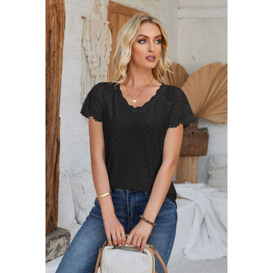 Eyelet V - Neck Lace Short Sleeve T - Shirt Apparel and Accessories