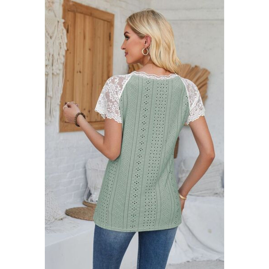 Eyelet V - Neck Lace Short Sleeve T - Shirt Apparel and Accessories